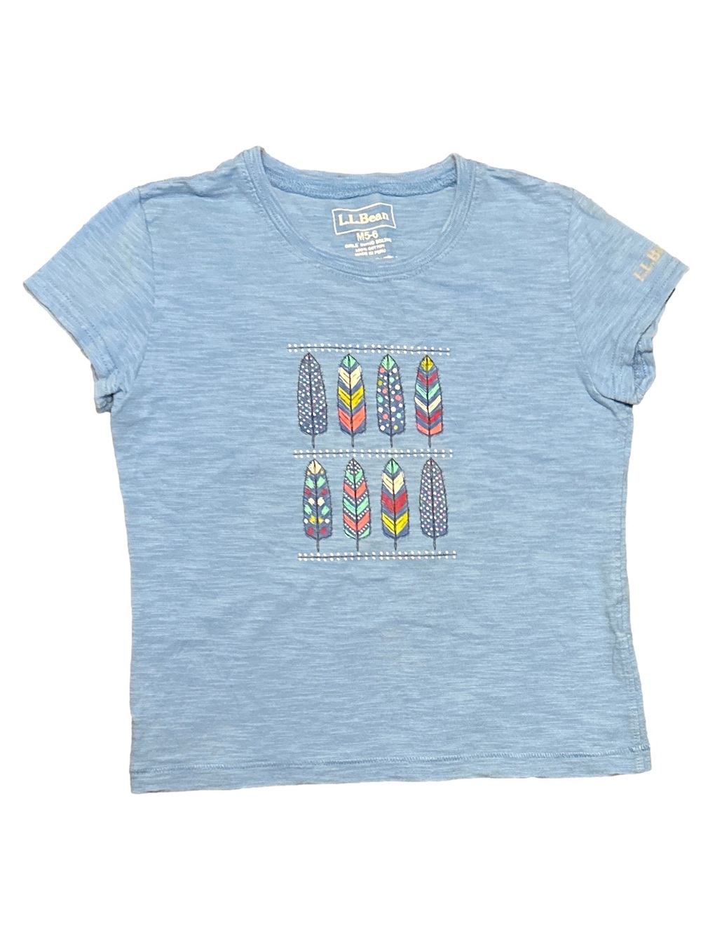 L.L. Bean Sky Blue Short Sleeve Tee with Colorful Feather Print M 5-6
